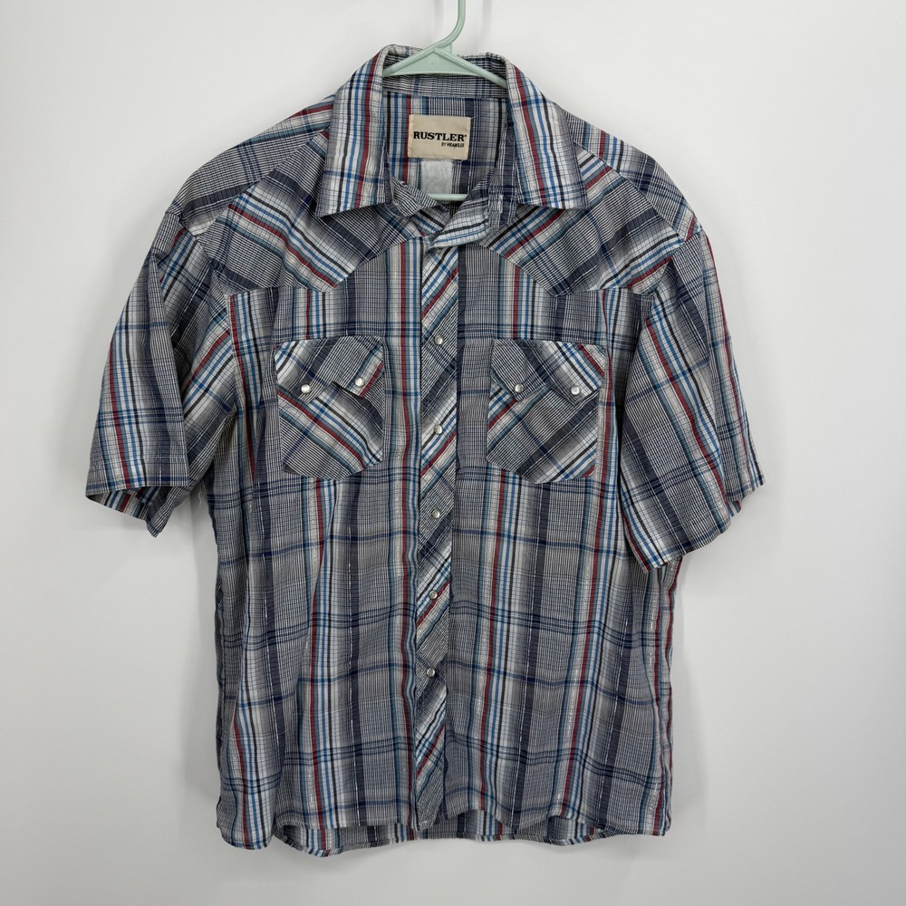 Rustler Western Shirt Mens Large Blue Plaid Short Sleeve Pearl Snap